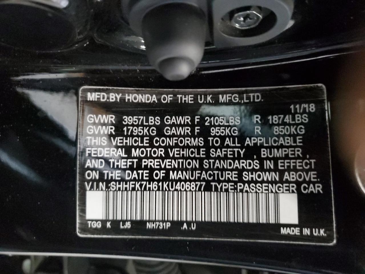 SHHFK7H61KU406877 2019 Honda Civic Ex