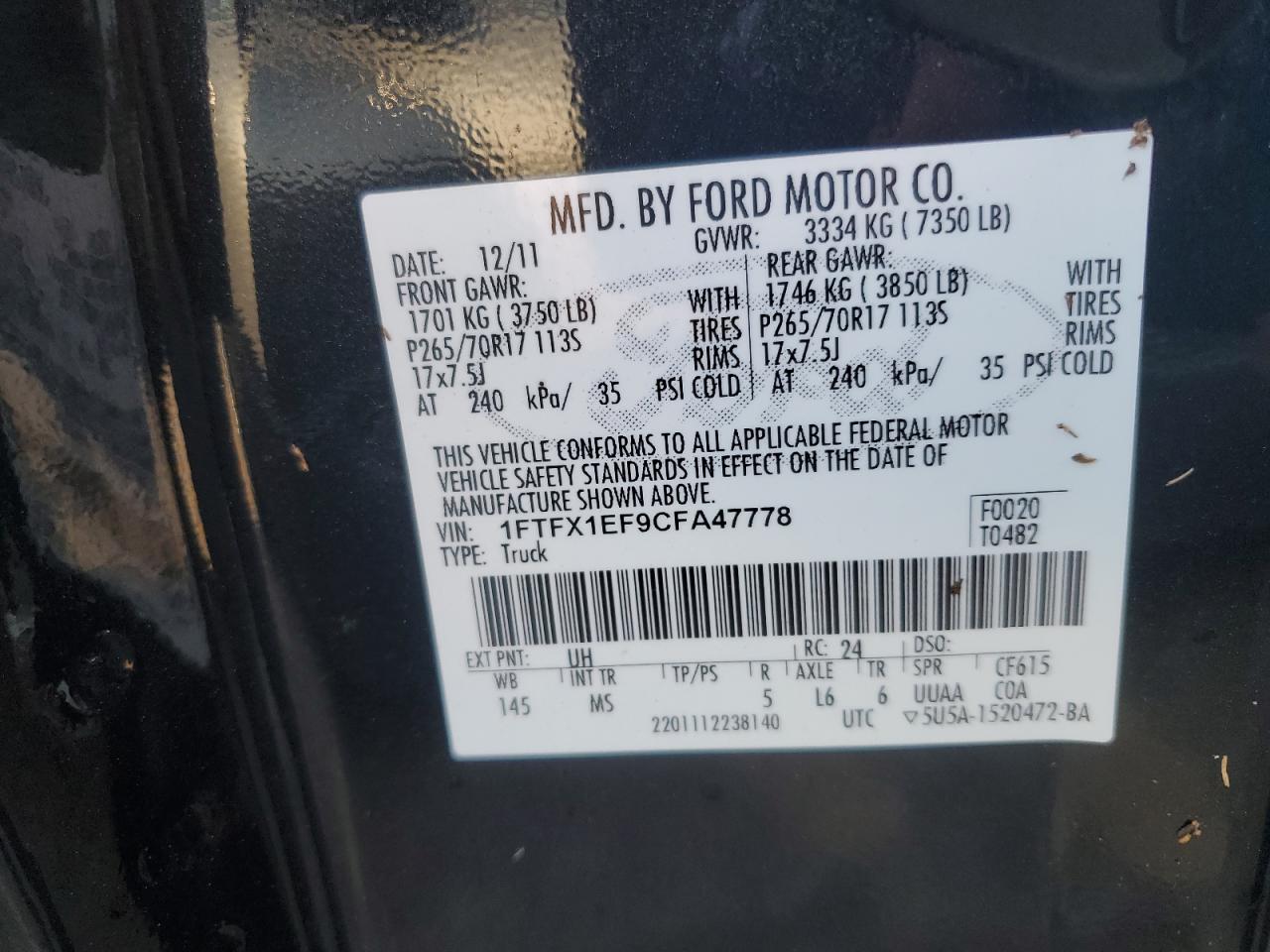 1FTFX1EF9CFA47778 2012 Ford F150 Super Cab