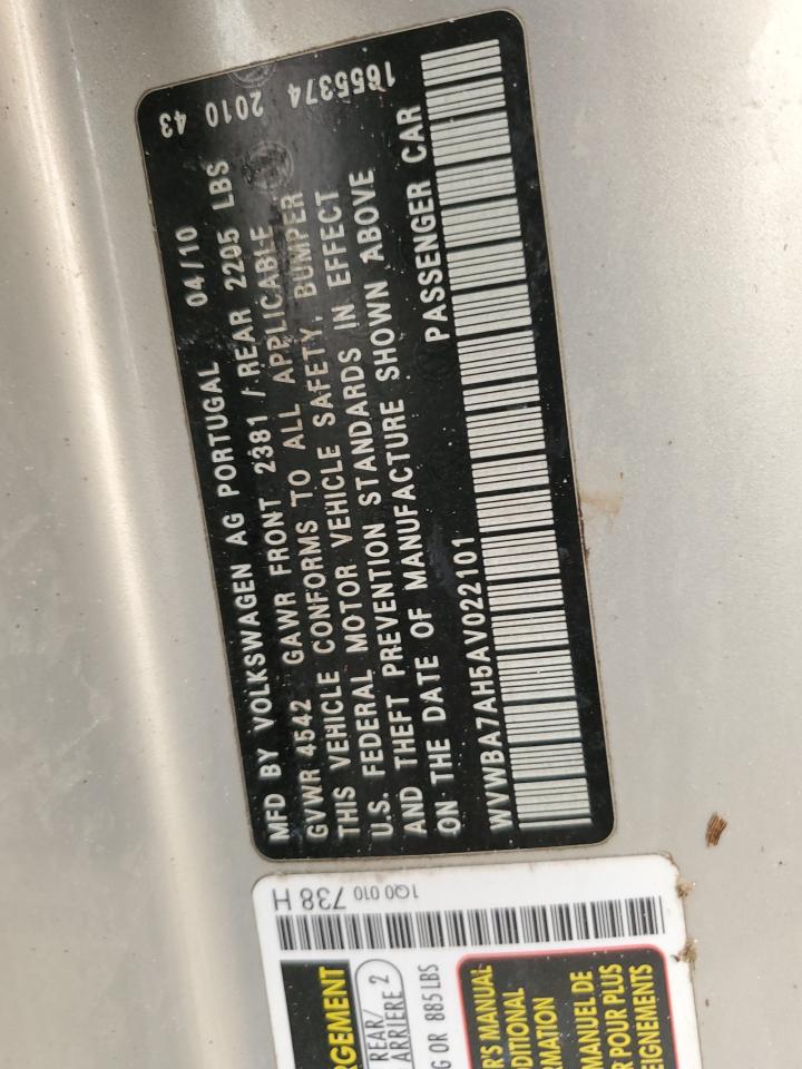 2010 Volkswagen Eos Turbo VIN: WVWBA7AH5AV022101 Lot: 76232124