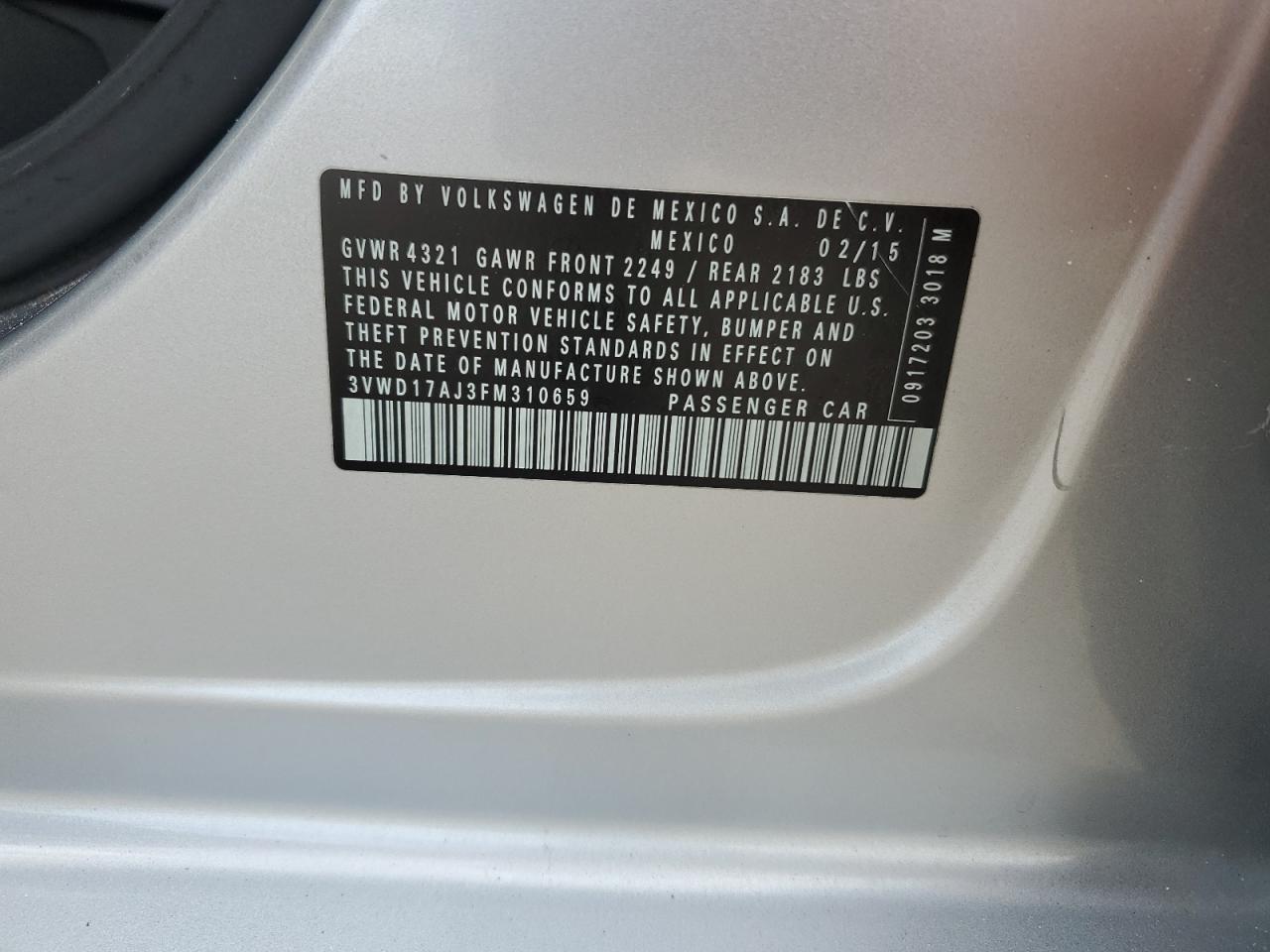 2015 Volkswagen Jetta Se VIN: 3VWD17AJ3FM310659 Lot: 72733524