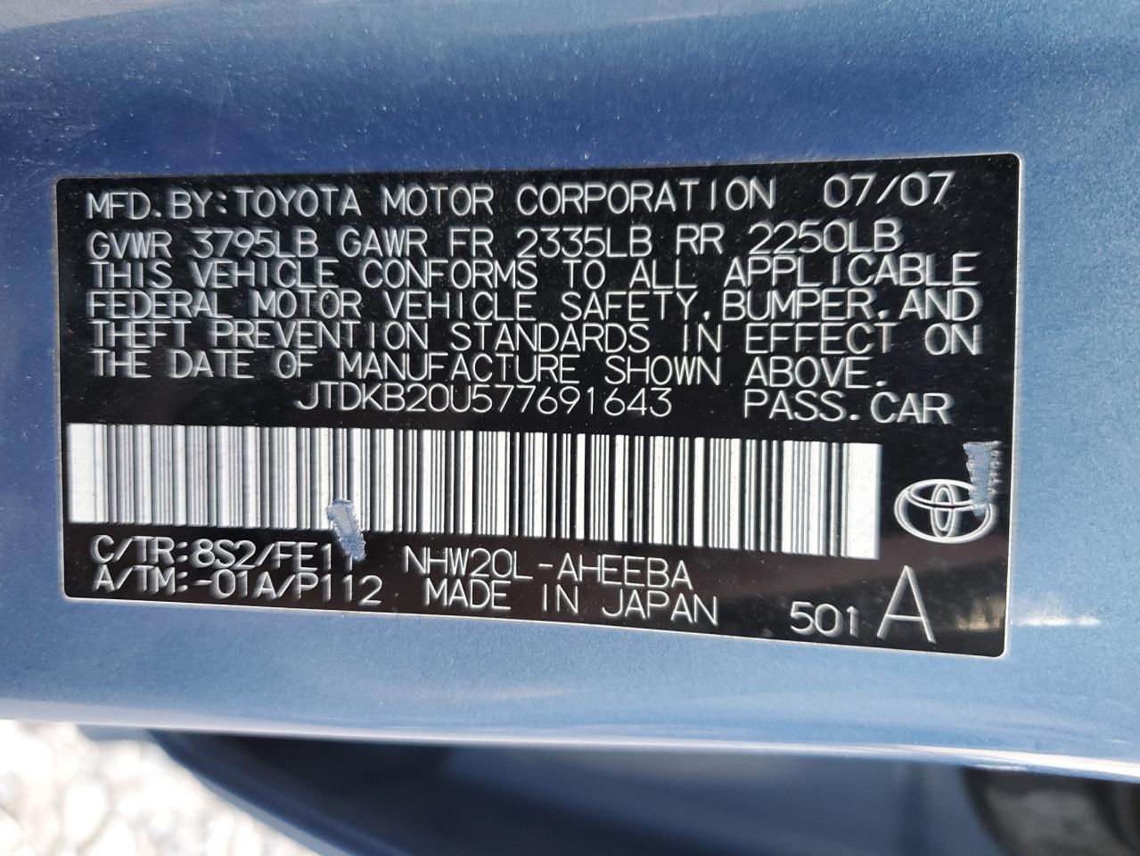 2007 Toyota Prius VIN: JTDKB20U577691643 Lot: 78279364