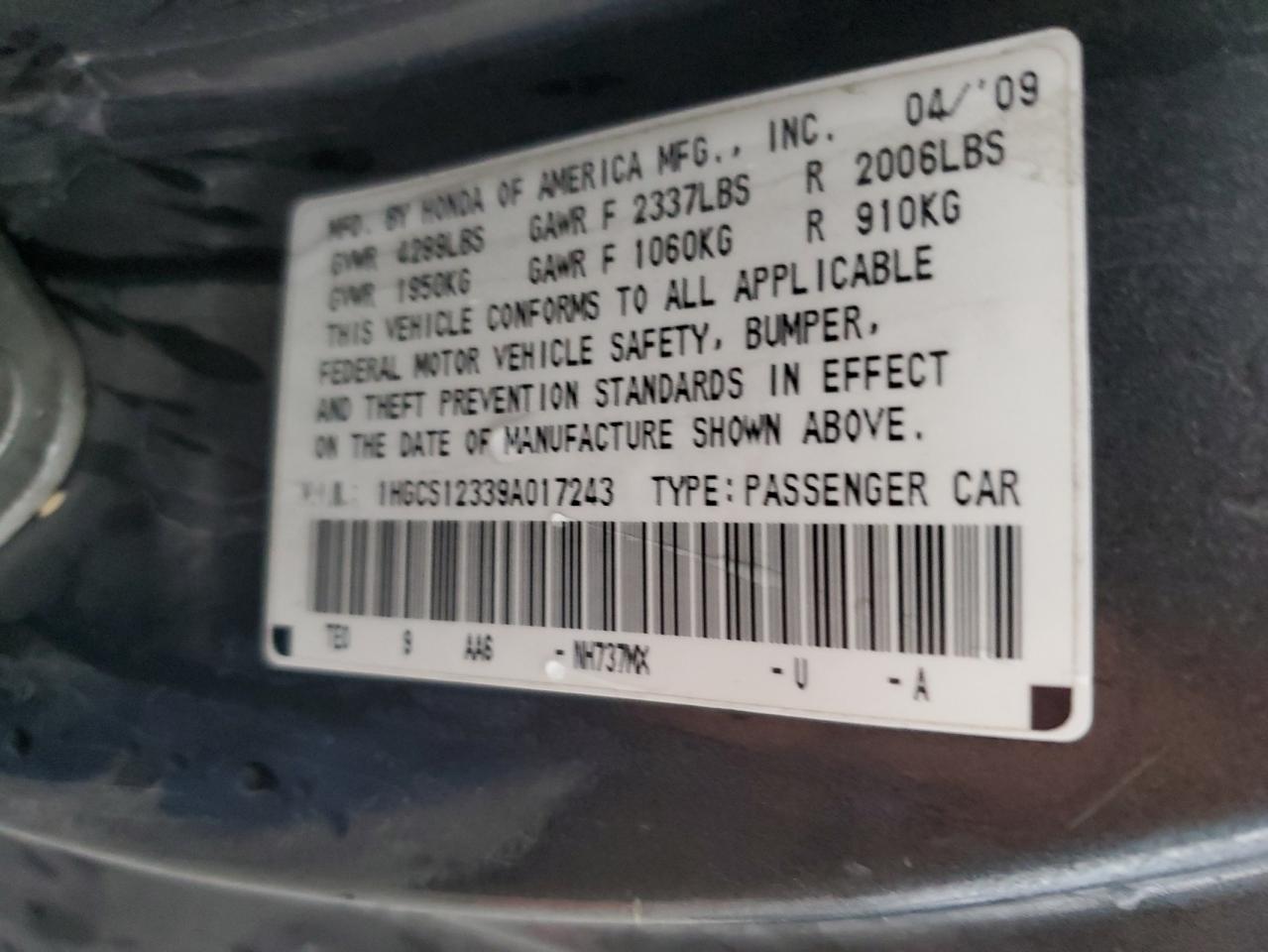 1HGCS12339A017243 2009 Honda Accord Lx