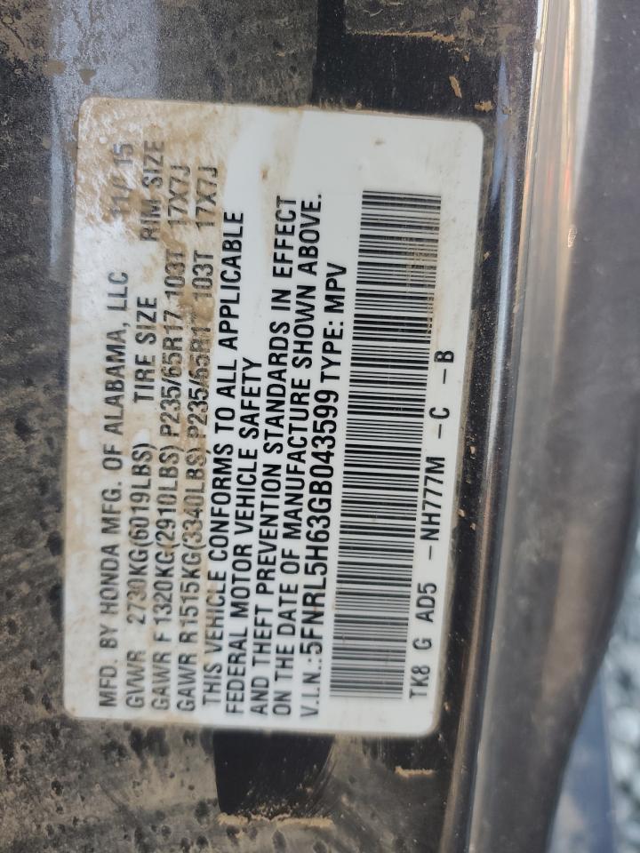 5FNRL5H63GB043599 2016 Honda Odyssey Exl