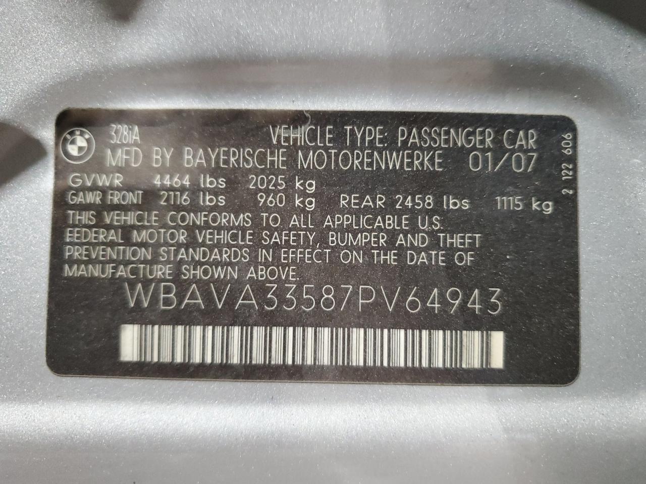 WBAVA33587PV64943 2007 BMW 328 I