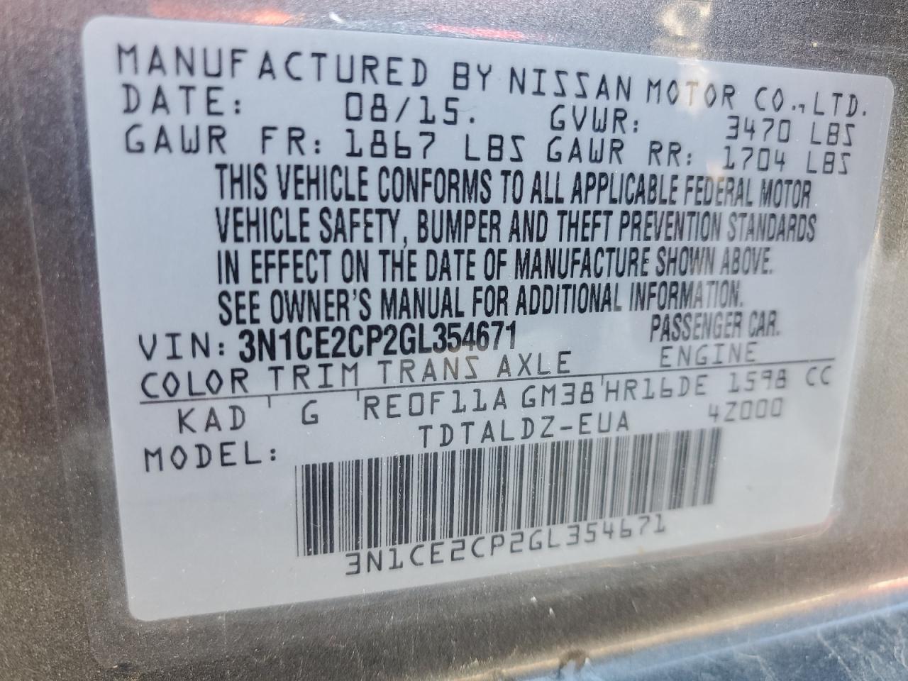 3N1CE2CP2GL354671 2016 Nissan Versa Note S