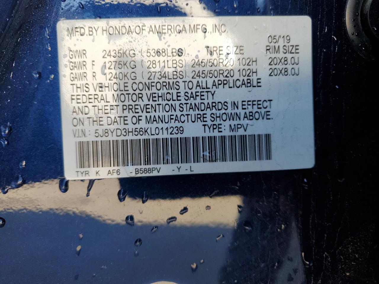 5J8YD3H56KL011239 2019 Acura Mdx Technology