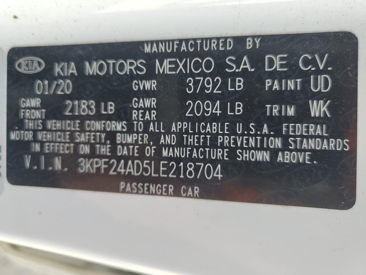 3KPF24AD5LE218704 2020 Kia Forte Fe