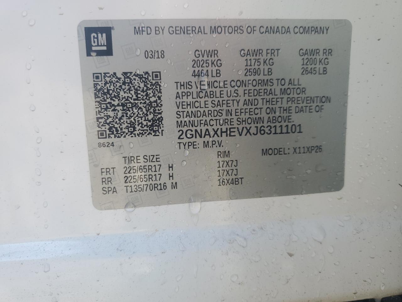 2GNAXHEVXJ6311101 2018 Chevrolet Equinox Ls