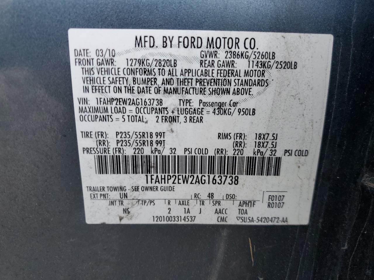 2010 Ford Taurus Sel VIN: 1FAHP2EW2AG163738 Lot: 77158914