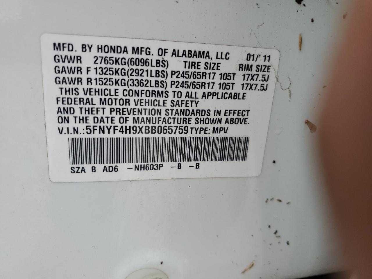 5FNYF4H9XBB065759 2011 Honda Pilot Touring