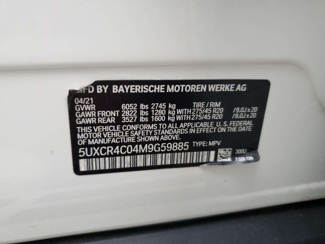 2021 BMW X5 Sdrive 40I VIN: 5UXCR4C04M9G59885 Lot: 75709544