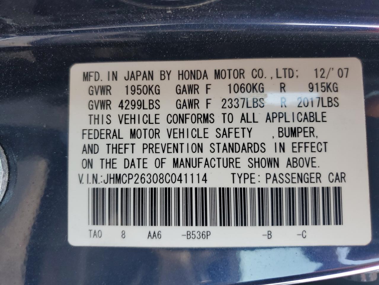 JHMCP26308C041114 2008 Honda Accord Lx