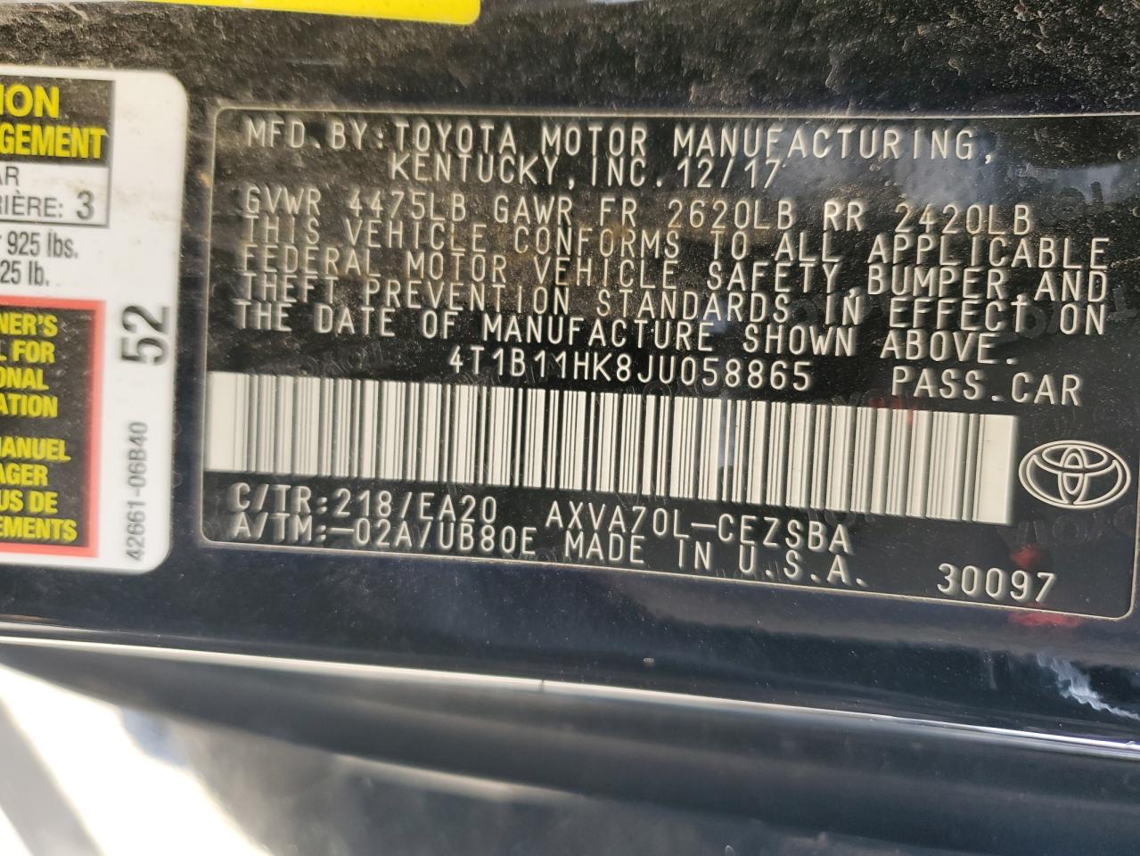 4T1B11HK8JU058865 2018 Toyota Camry L