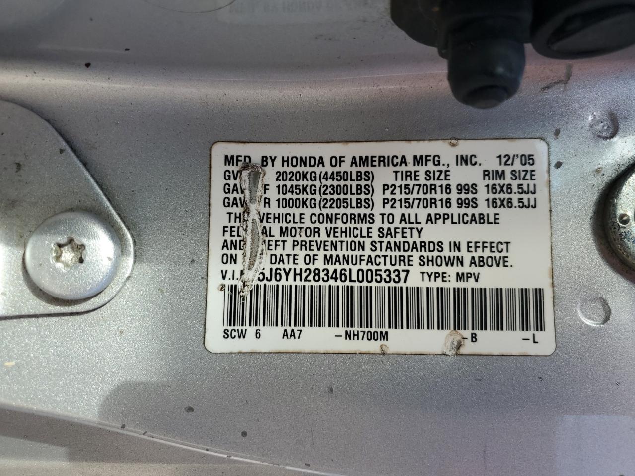 5J6YH28346L005337 2006 Honda Element Lx