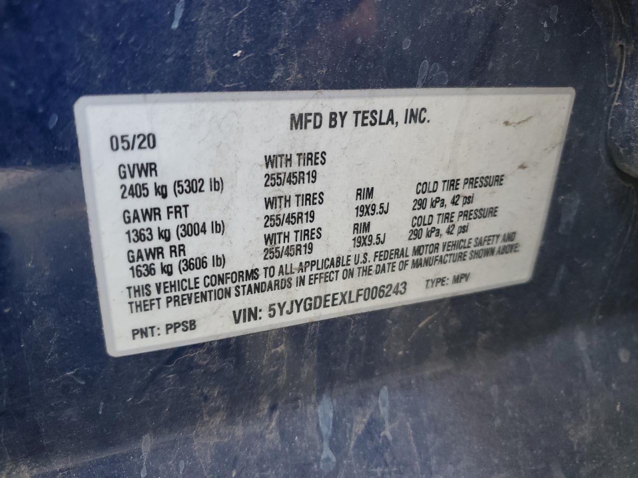 2020 Tesla Model Y VIN: 5YJYGDEEXLF006243 Lot: 75625764