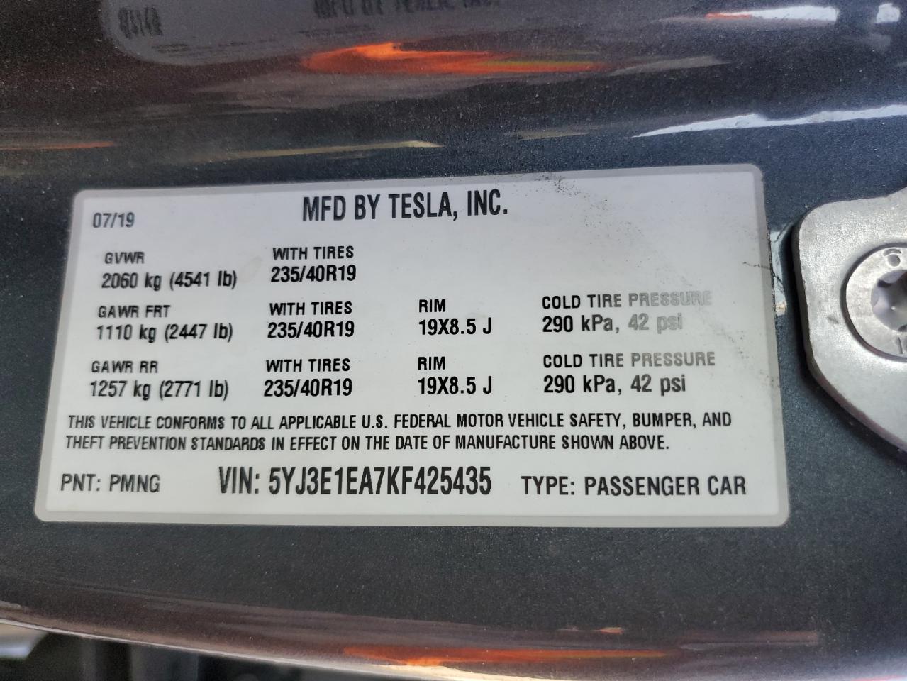 5YJ3E1EA7KF425435 2019 Tesla Model 3