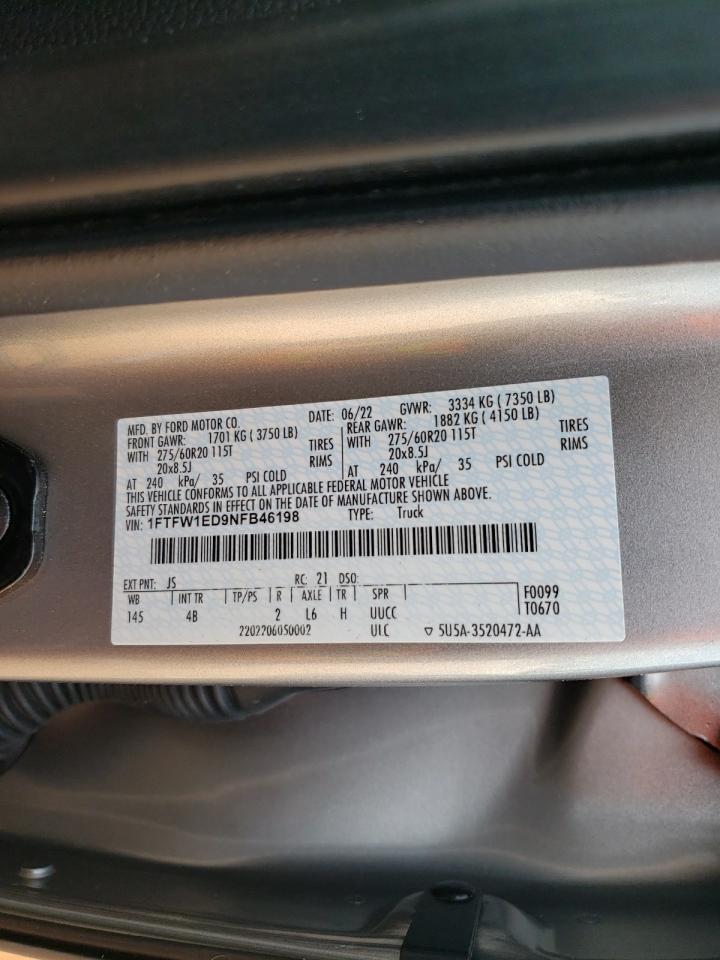 2022 Ford F150 Supercrew VIN: 1FTFW1ED9NFB46198 Lot: 76447174