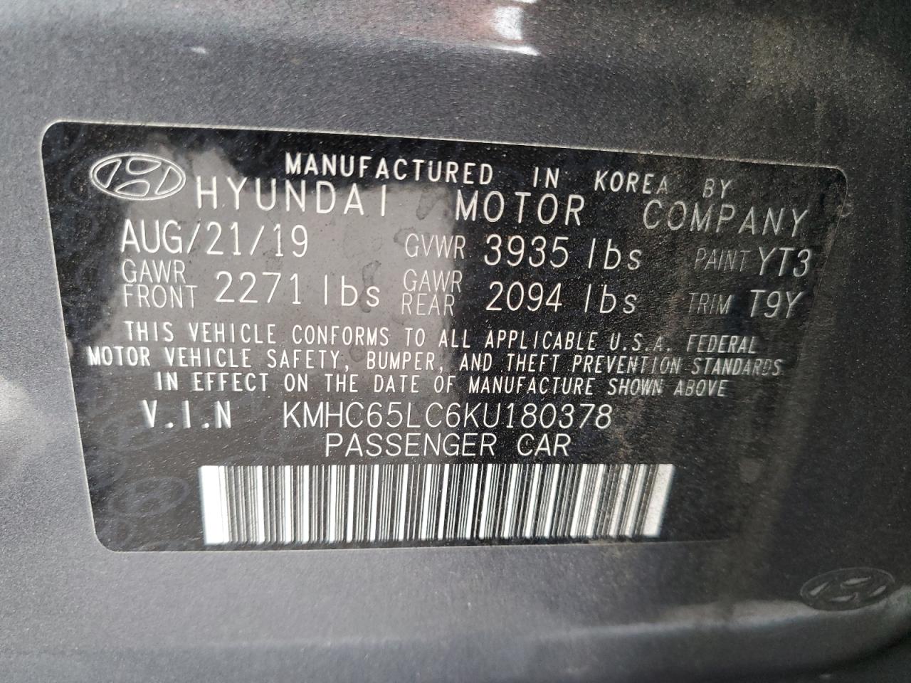 2019 Hyundai Ioniq Blue VIN: KMHC65LC6KU180378 Lot: 76631564
