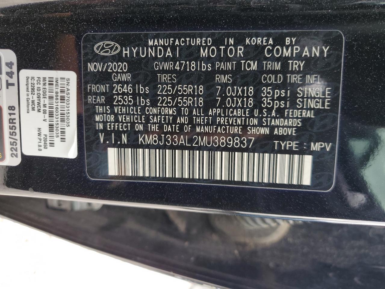 2021 Hyundai Tucson Limited VIN: KM8J33AL2MU389837 Lot: 76723814