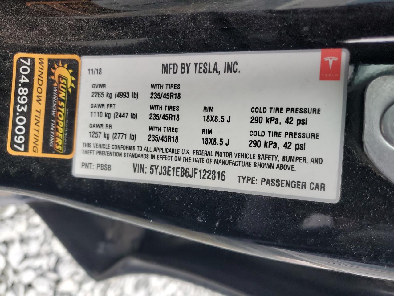 5YJ3E1EB6JF122816 2018 Tesla Model 3