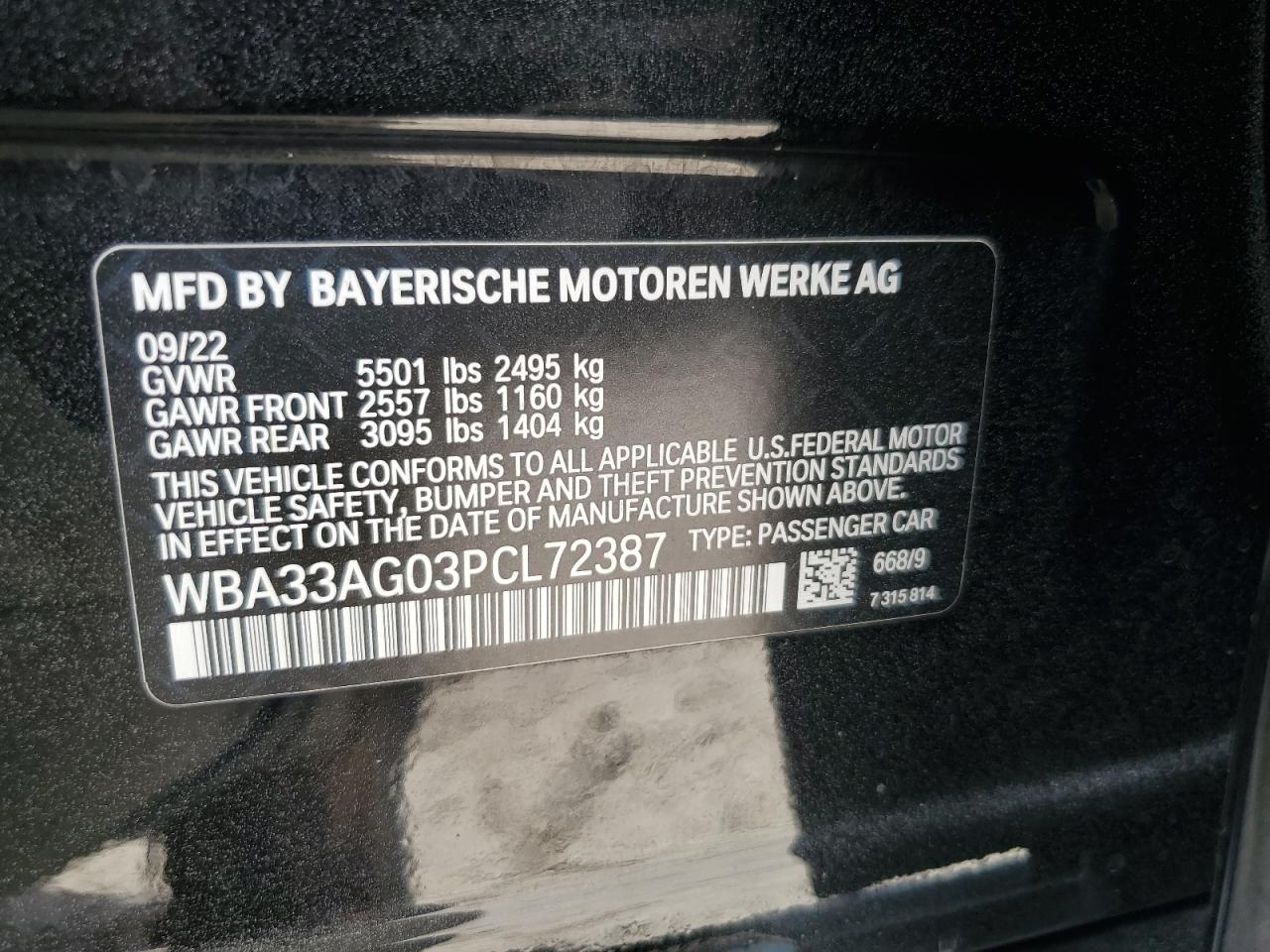 2023 BMW 530Xe VIN: WBA33AG03PCL72387 Lot: 78367874