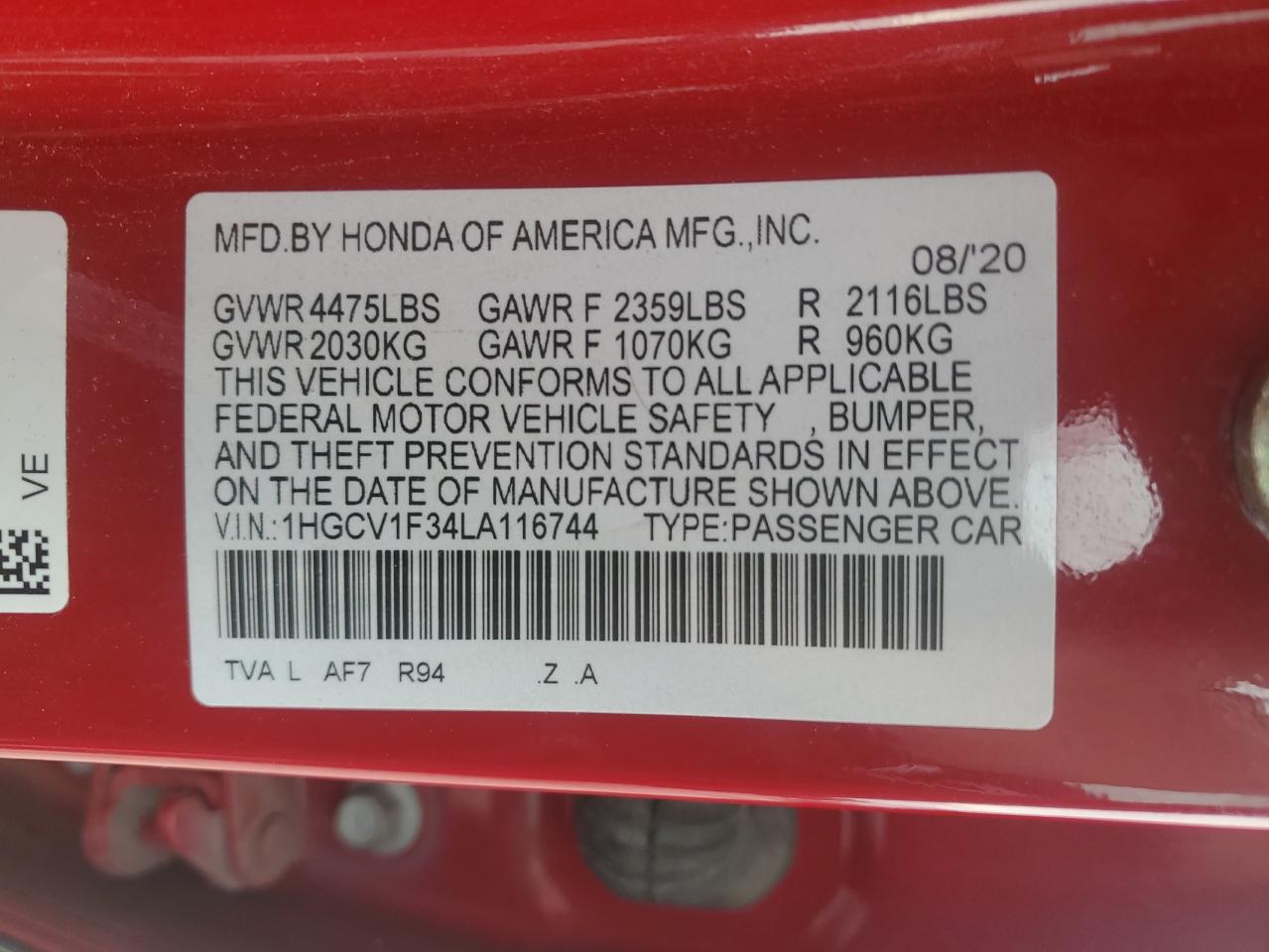 1HGCV1F34LA116744 2020 Honda Accord Sport