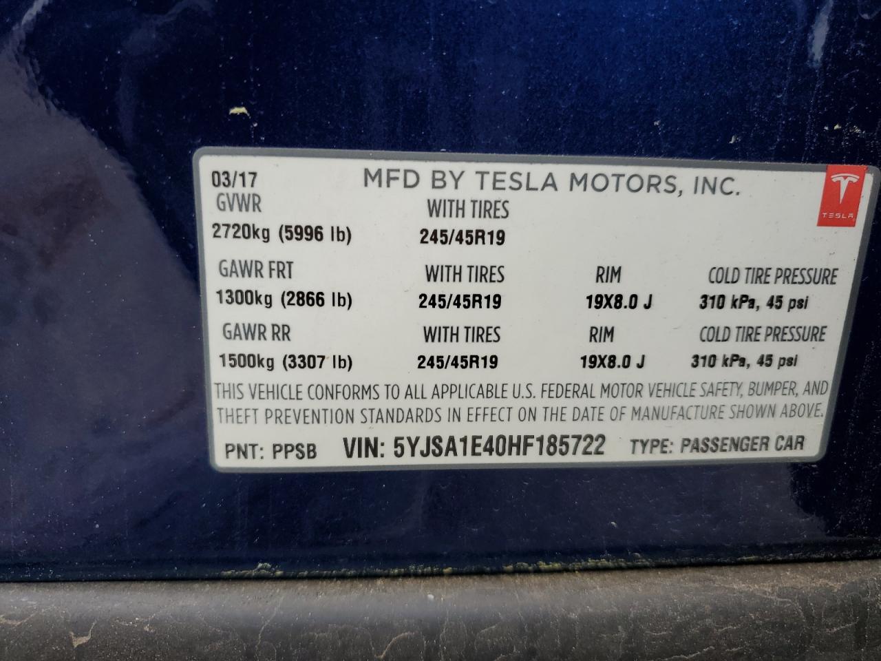 5YJSA1E40HF185722 2017 Tesla Model S