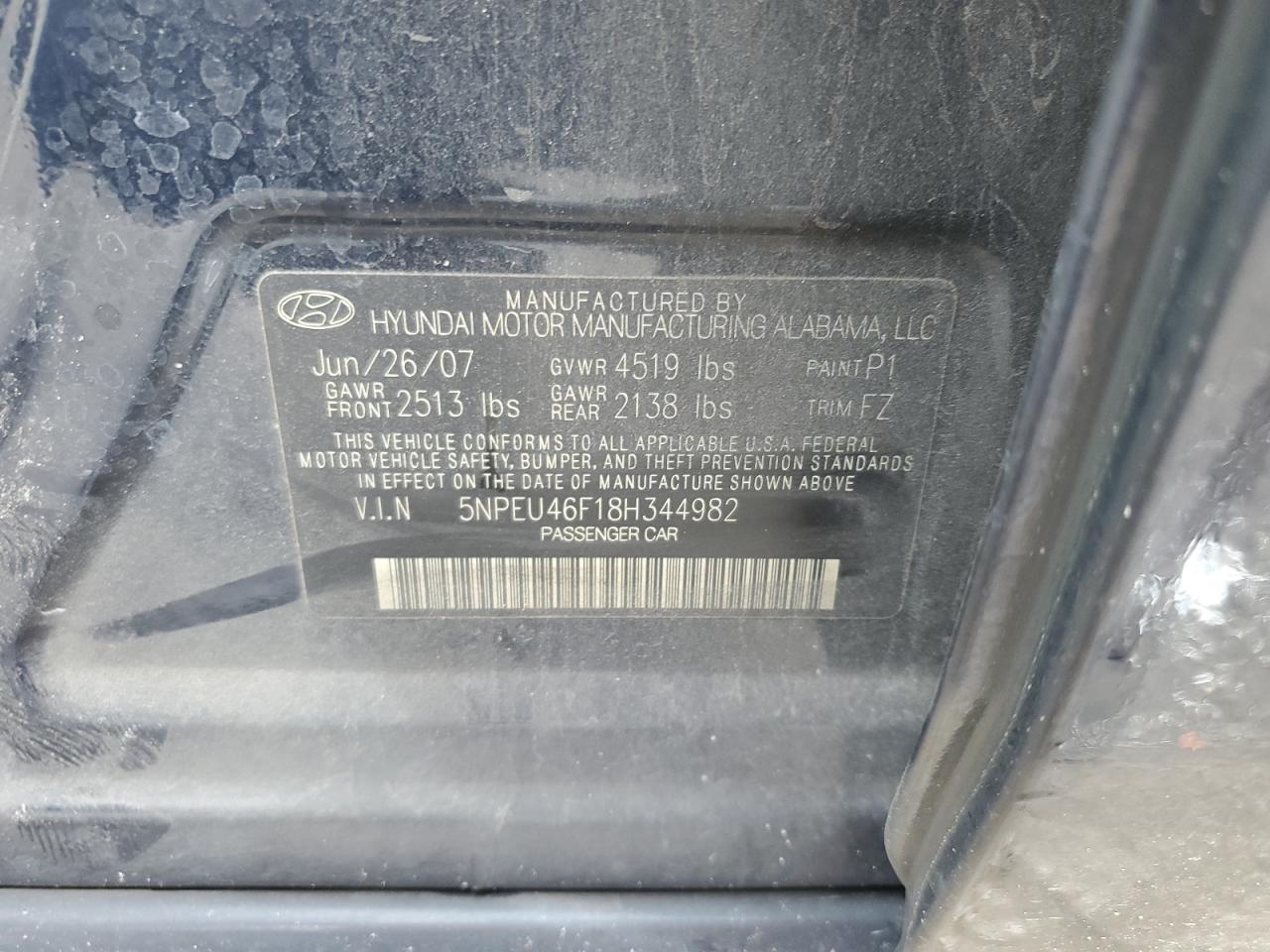 5NPEU46F18H344982 2008 Hyundai Sonata Se