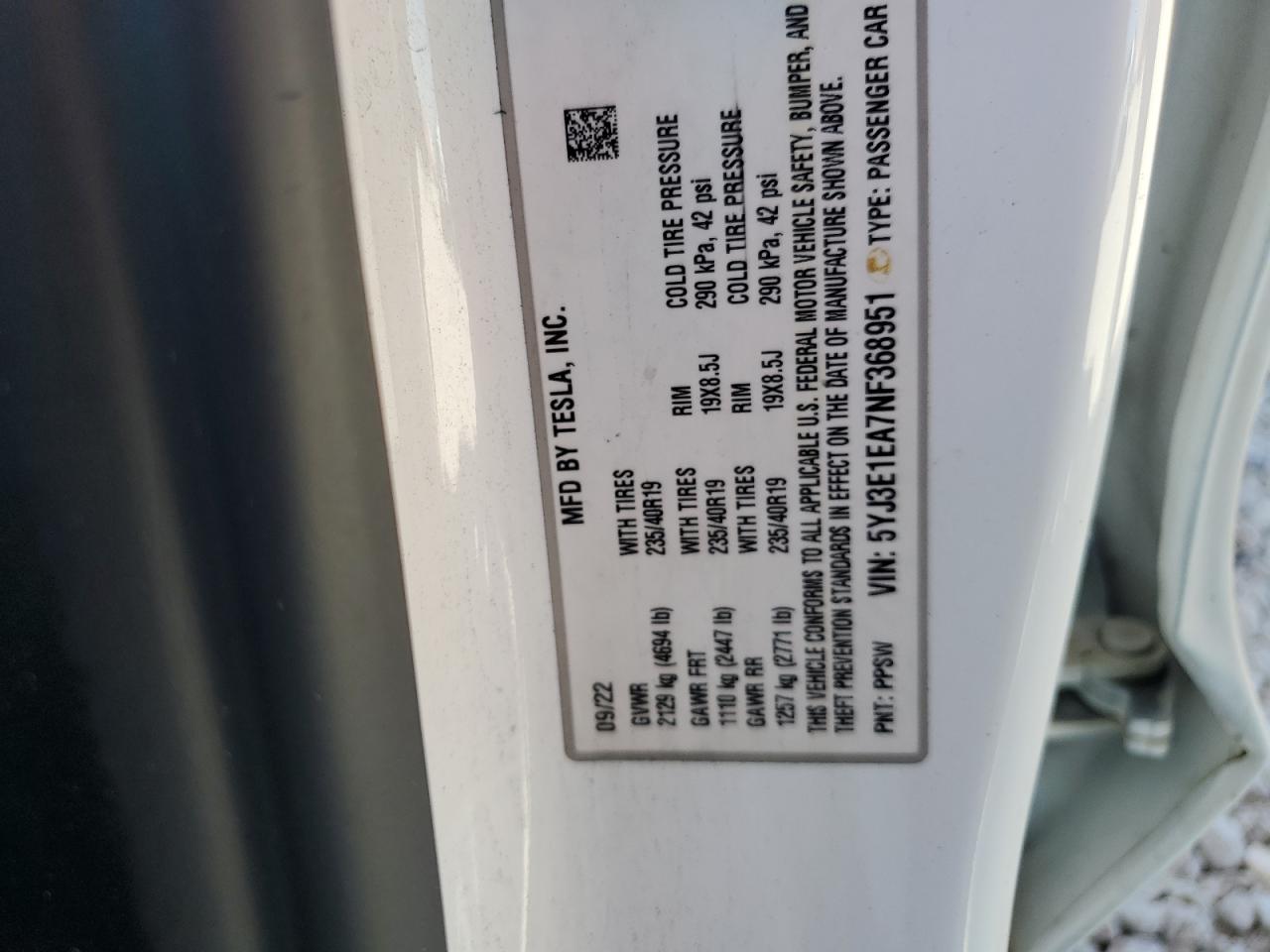 5YJ3E1EA7NF368951 2022 Tesla Model 3