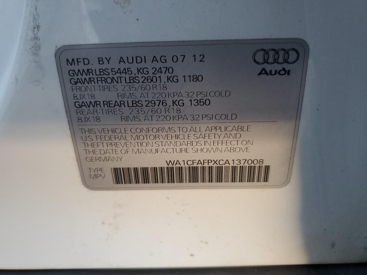 2012 Audi Q5 Premium VIN: WA1CFAFPXCA137008 Lot: 73612824