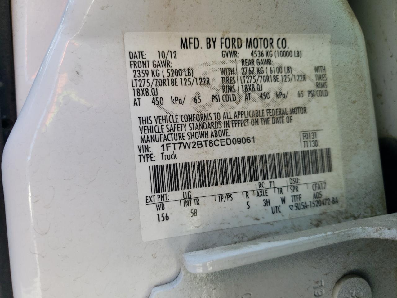 1FT7W2BT8CED09061 2012 Ford F250 Super Duty