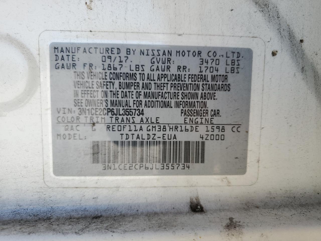 3N1CE2CP6JL355734 2018 Nissan Versa Note S