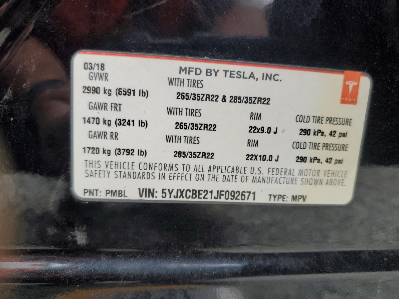 5YJXCBE21JF092671 2018 Tesla Model X