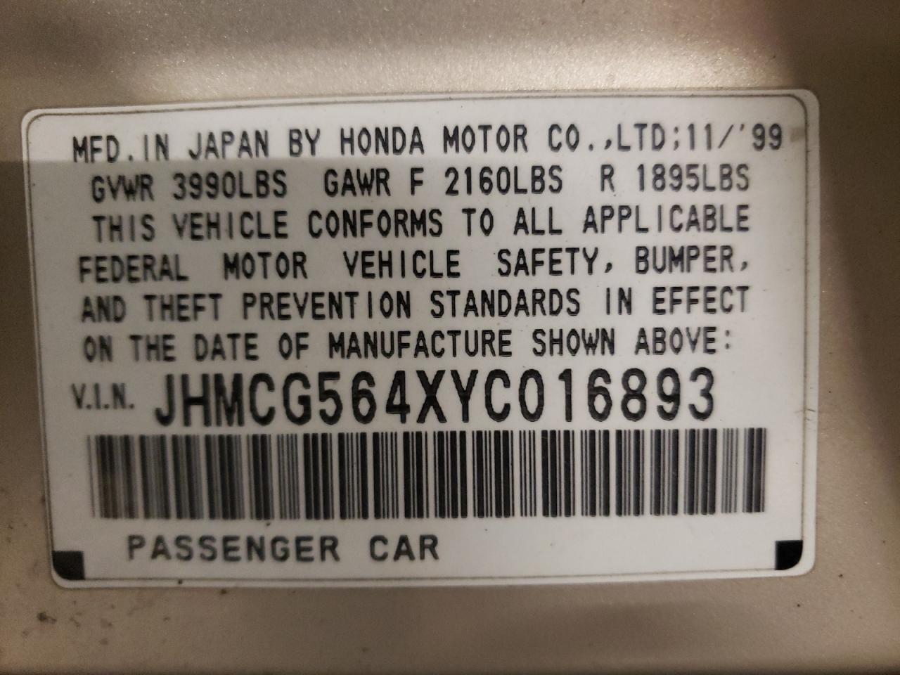 JHMCG564XYC016893 2000 Honda Accord Lx