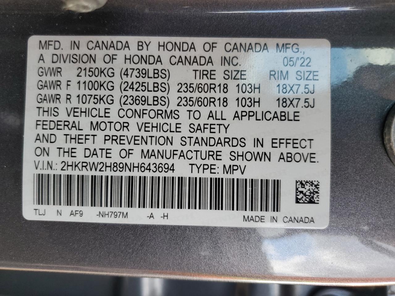 2022 Honda Cr-V Exl VIN: 2HKRW2H89NH643694 Lot: 76170754