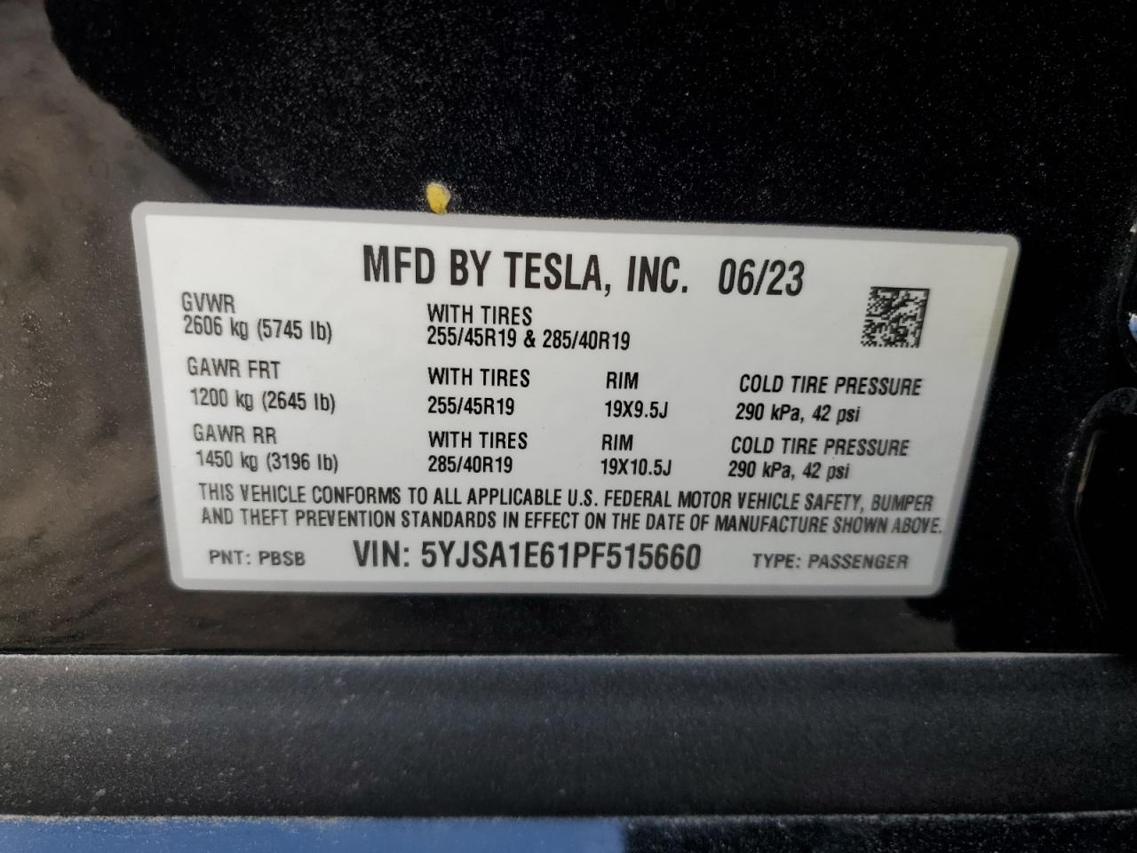 2023 Tesla Model S VIN: 5YJSA1E61PF515660 Lot: 78241954