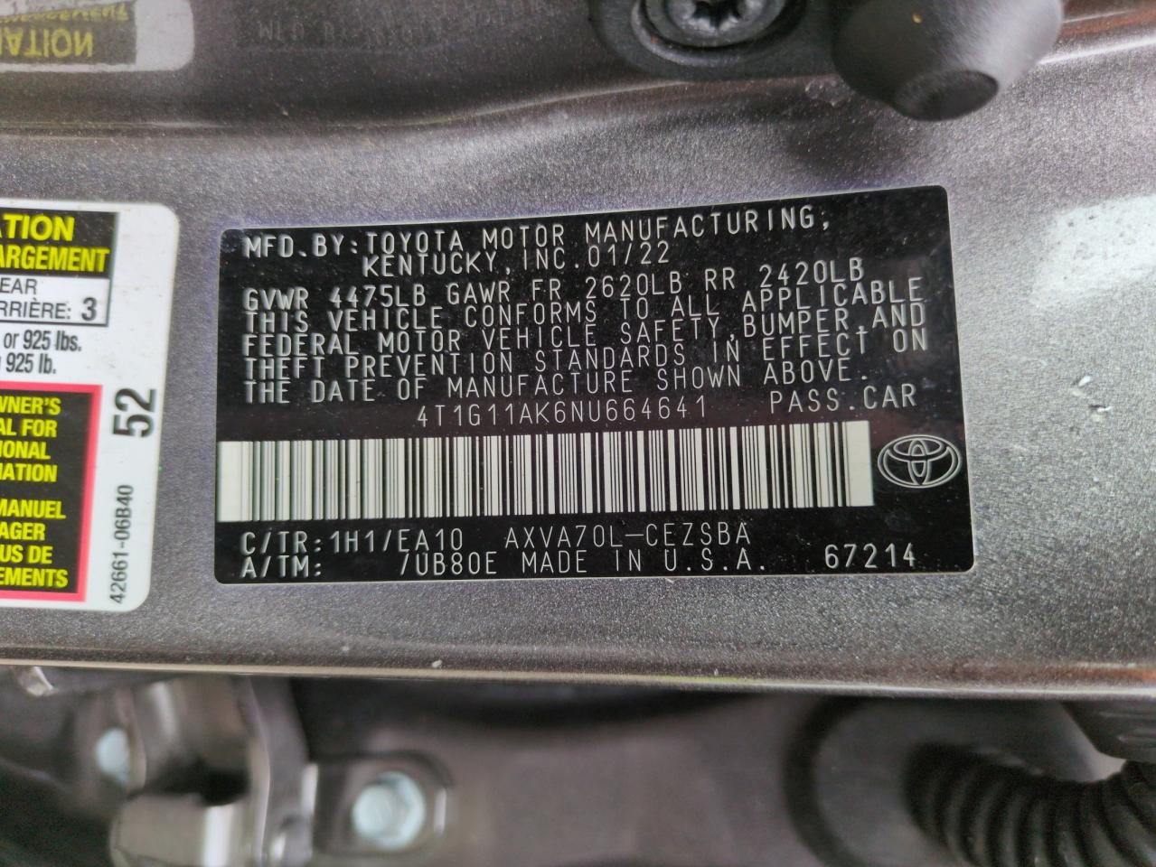 4T1G11AK6NU664641 2022 Toyota Camry Se