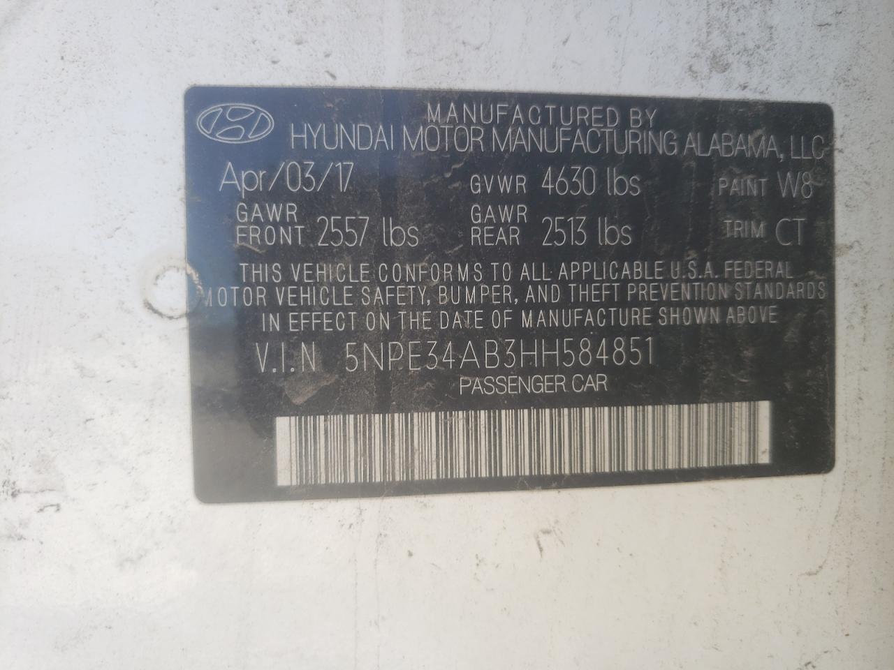 5NPE34AB3HH584851 2017 Hyundai Sonata Sport