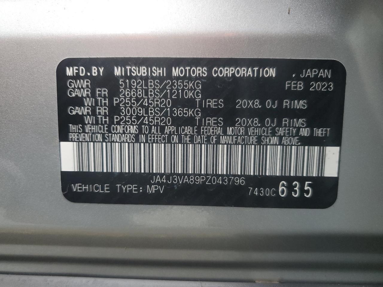 JA4J3VA89PZ043796 2023 Mitsubishi Outlander Sel