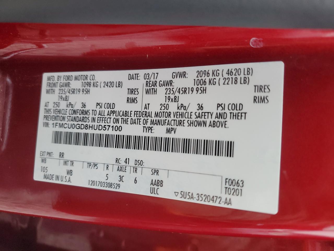 1FMCU0GD8HUD57100 2017 Ford Escape Se