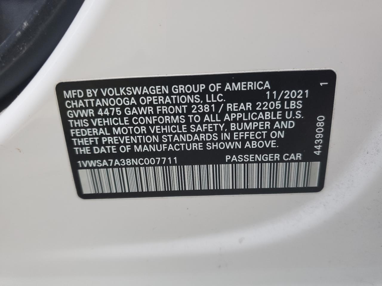 1VWSA7A38NC007711 2022 Volkswagen Passat Se