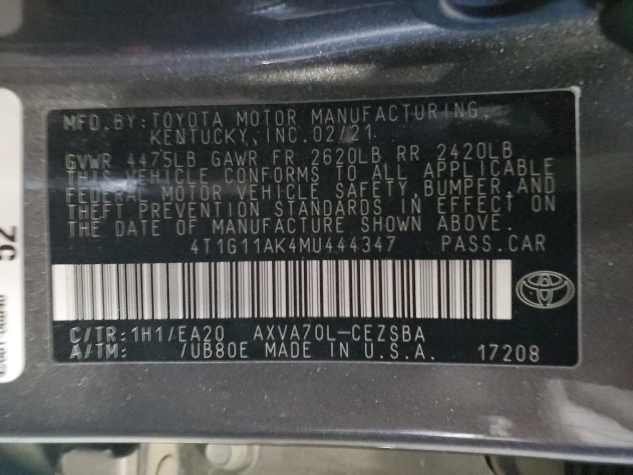 4T1G11AK4MU444347 2021 Toyota Camry Se