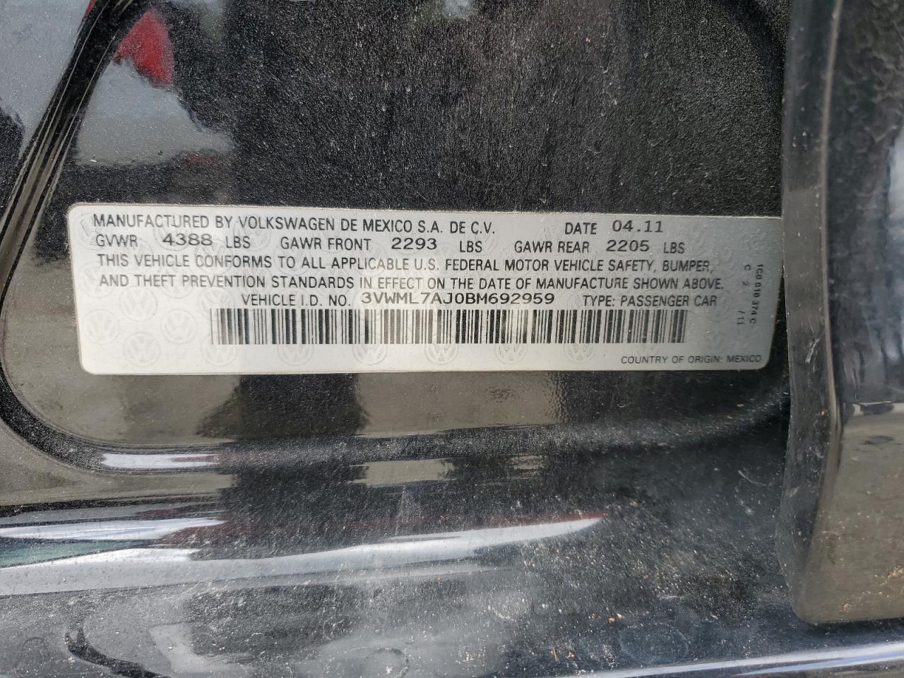 3VWML7AJ0BM692959 2011 Volkswagen Jetta Tdi