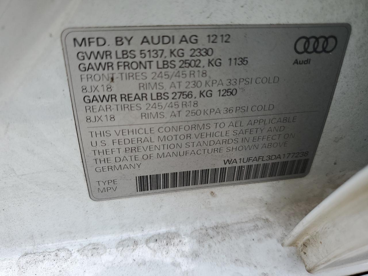 2013 Audi A4 Allroad Premium Plus VIN: WA1UFAFL3DA177238 Lot: 72577794