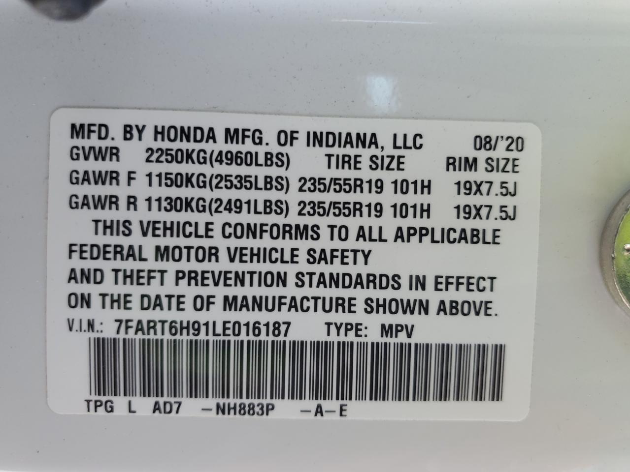 2020 Honda Cr-V Touring VIN: 7FART6H91LE016187 Lot: 76952894