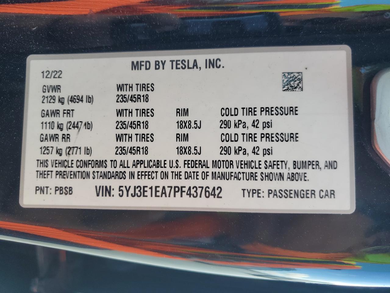 2023 Tesla Model 3 VIN: 5YJ3E1EA7PF437642 Lot: 77809414