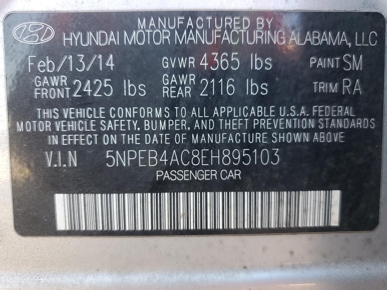 5NPEB4AC8EH895103 2014 Hyundai Sonata Gls