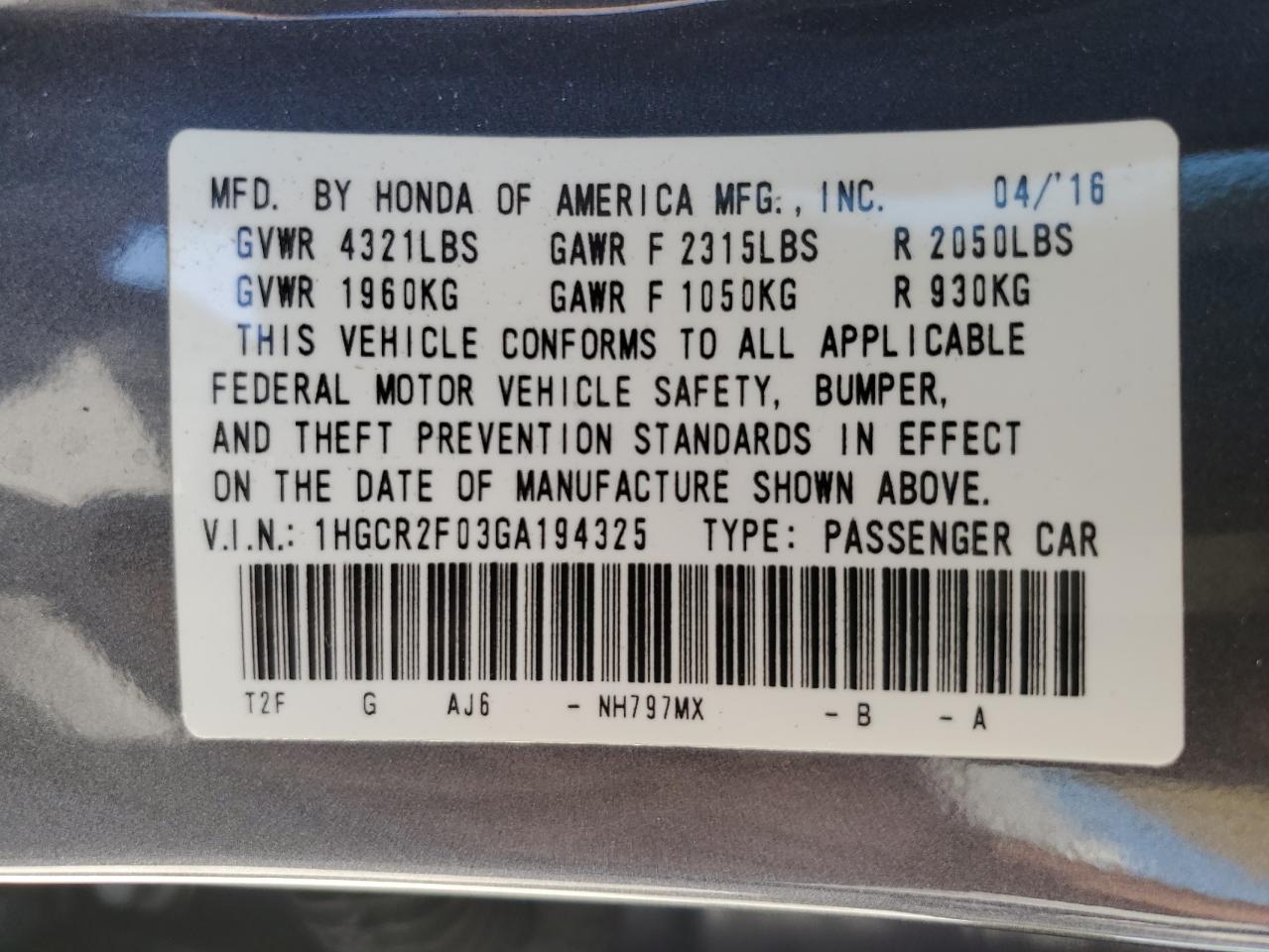 1HGCR2F03GA194325 2016 Honda Accord Ex