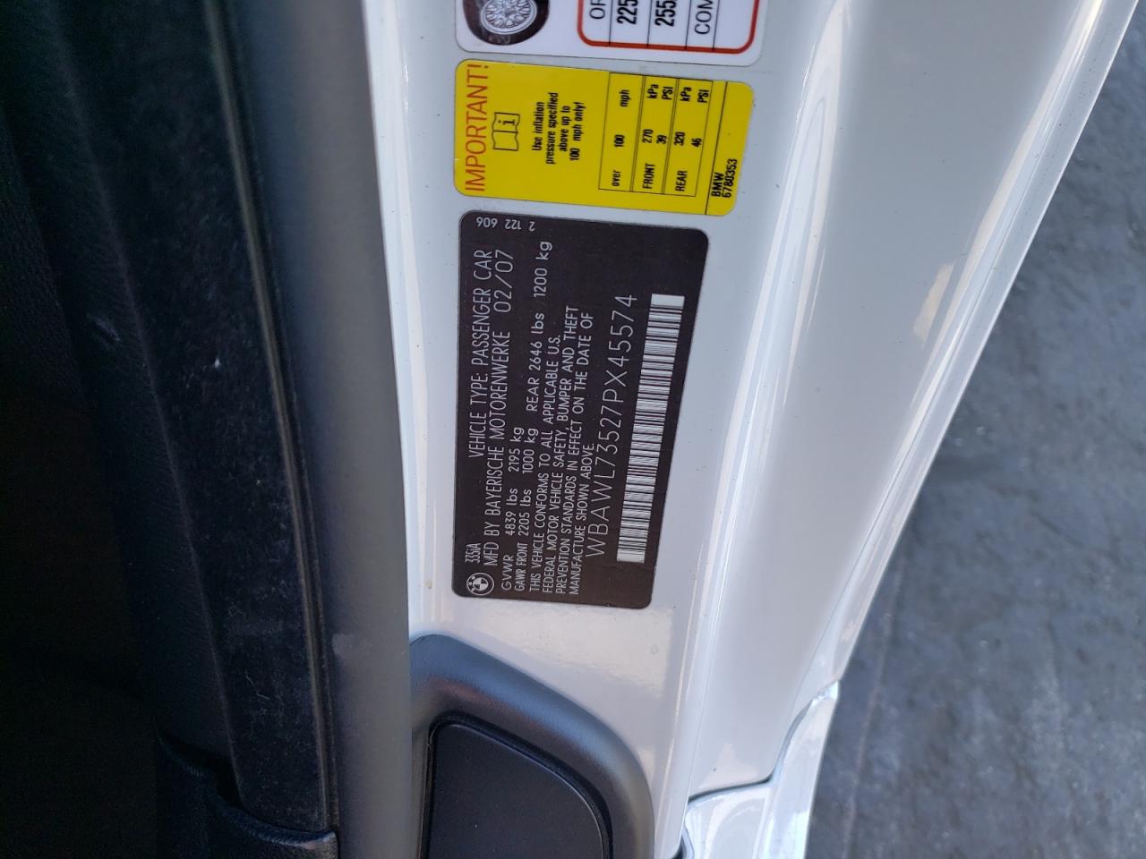 2007 BMW 335 I VIN: WBAWL73527PX45574 Lot: 77977914