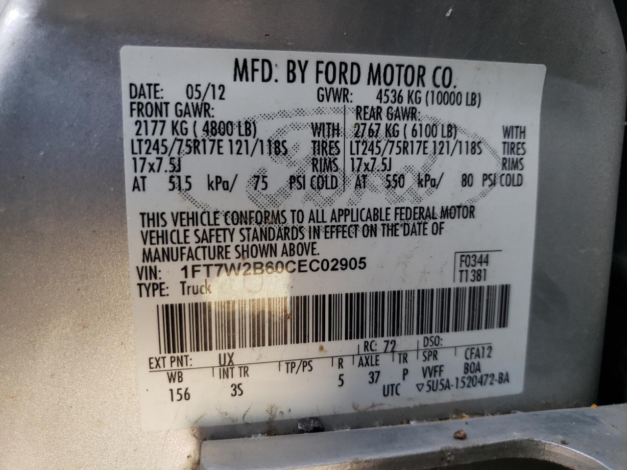 2012 Ford F250 Super Duty VIN: 1FT7W2B60CEC02905 Lot: 74064544